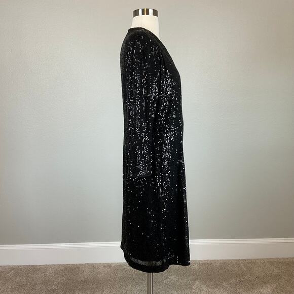 DKNY Black Sequined Long Sleeve Cocktail Dress Size 8 V-Neck Tuxedo Sheath - Picture 3 of 10